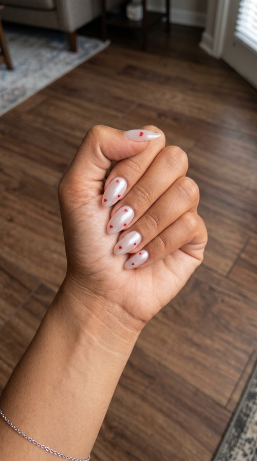 Amour press-on nails worn on hand — pearly milky almond with tiny red hearts